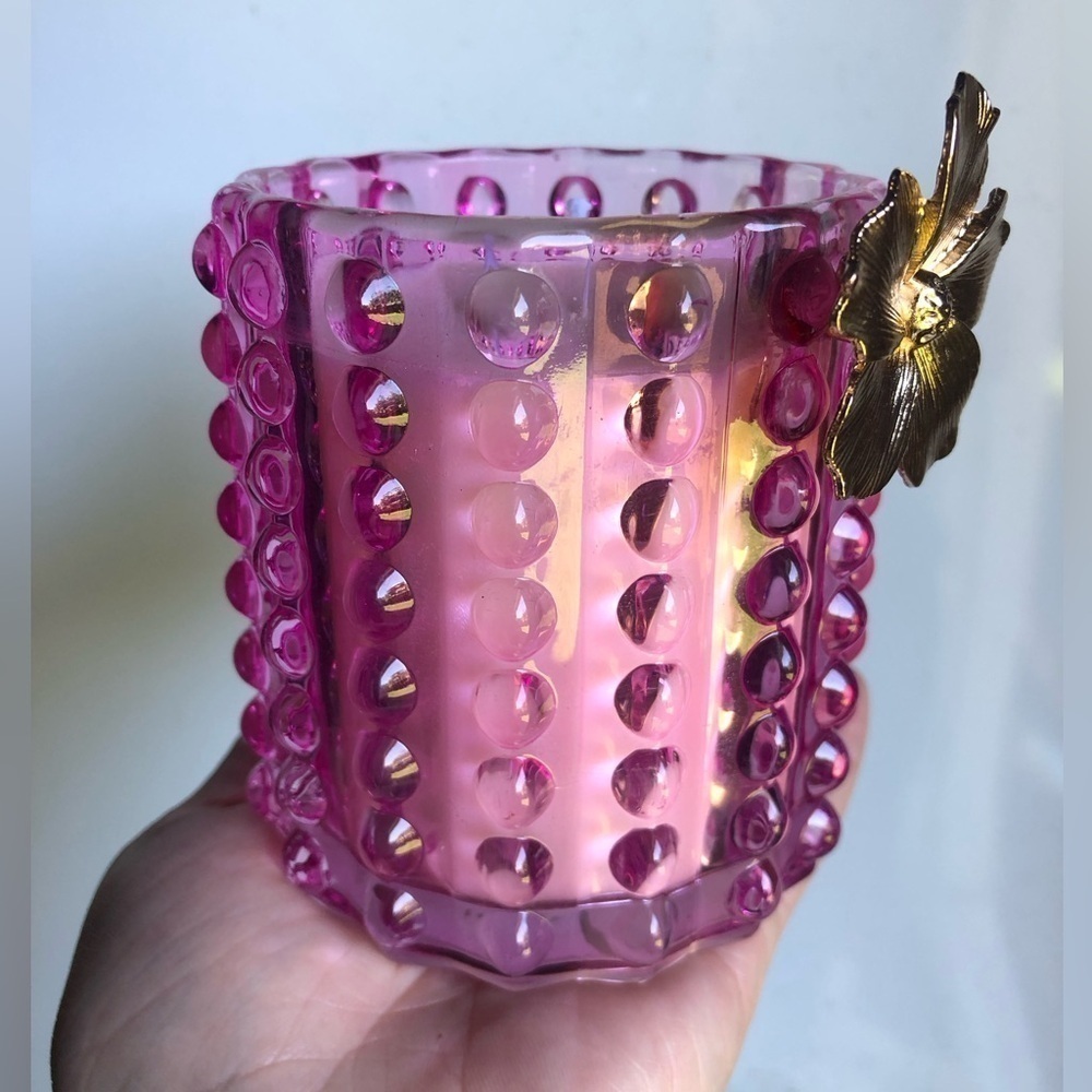 Pink Glass Candle With Gold Flower - Picture 2 of 6